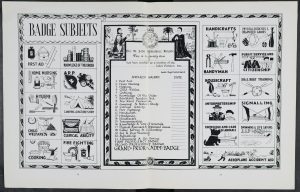 A double-page spread from a magazine, which identifies twenty-one different subjects that form the Grand Prior's Award. On the left and right sides of the page, the are identified by their title and an accompanying illustration. In the middle of the page is a replicated checklist for the subjects, with a space for a Cadet Superintendent to write in the date on which a Cadet passed the subjects.