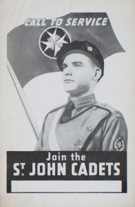 A black and white photograph of a uniformed Cadet, with a flag decorated with the eight-pointed cross. At the top of the page are the words 'call to service', and at the bottom are the words 'Join the St. John Cadets'.