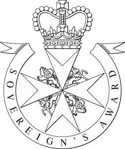 Black and white line drawing of logo with eight pointed cross at centre, surmounted by a crown and encircled by a banner reading Sovereign's Award