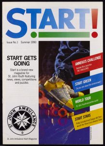 Colour photograph of the cover of Start magazine. Main img_is of a pair of roller skates on a white background.