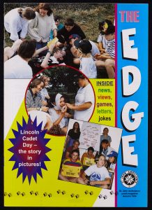 Colour photograph of a magazine cover with a montage of three photographs showing St John Ambulance Cadets from Lincoln practising bandaging and a group of Cadets holding Youth Council Starter Packs. The Edge is written in large letters down the right-hand side of the page.