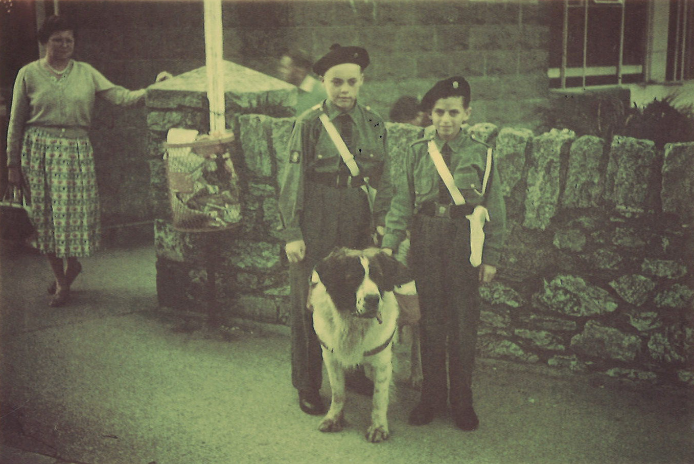 An early colour photograph showing two Cadets with a large dog between them