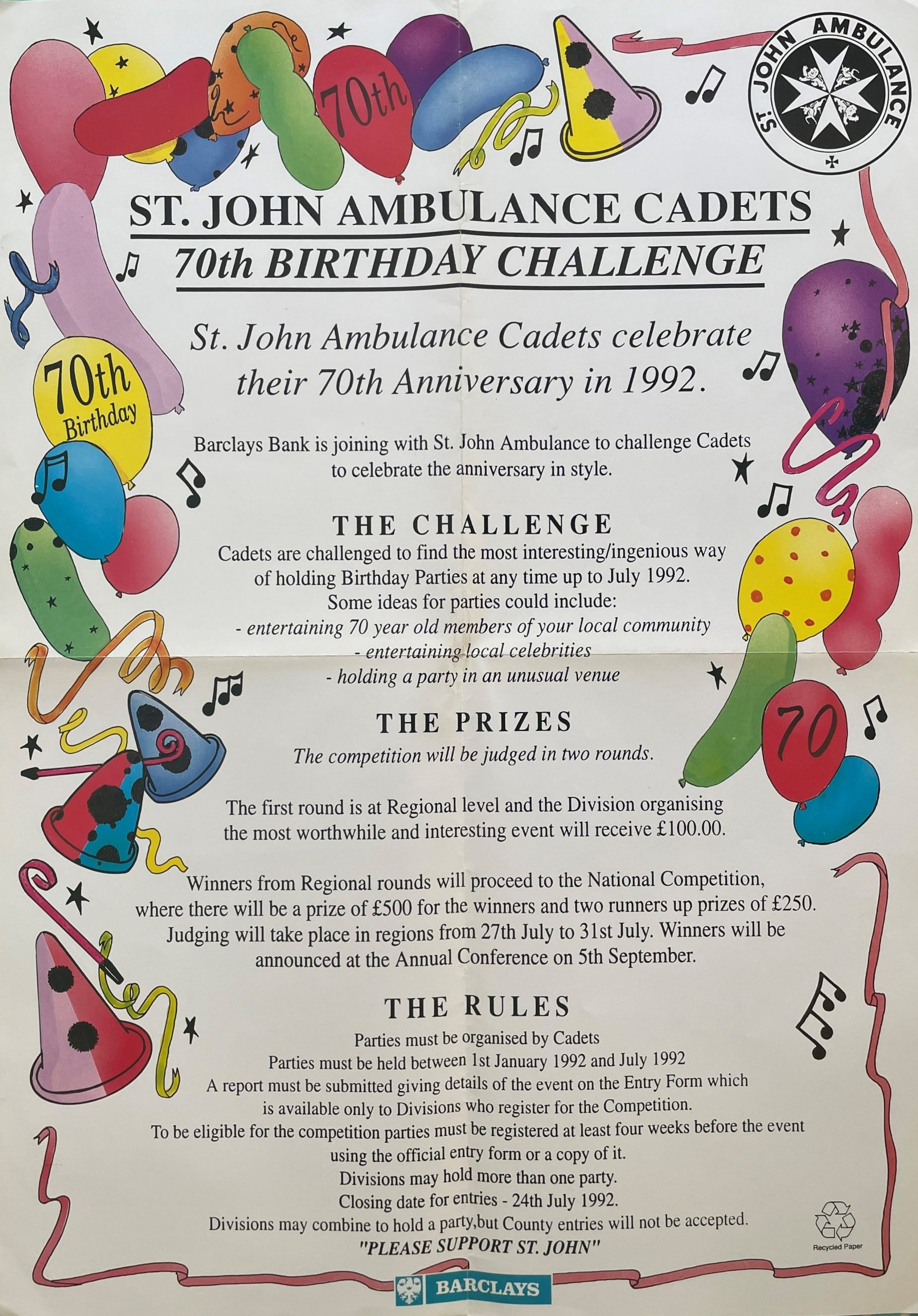 Colour photograph of a poster advertising the St John Ambulance Cadet 70th birthday challenge. The poster is illustrated with brightly coloured balloons, party hats and streamers on a white background. Text describes how to enter the challenge.