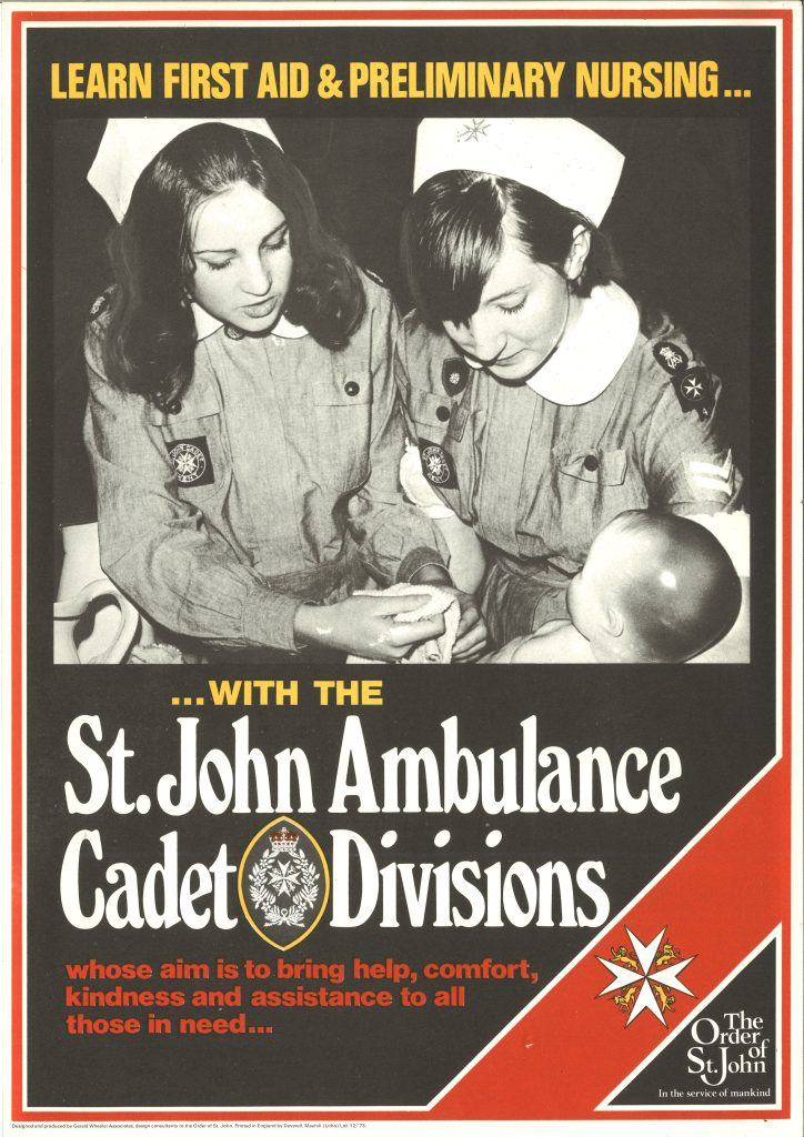 Colour photograph of a poster advertising the Cadets. Features a black and white photograph of two female Cadets in uniform bathing a doll.
