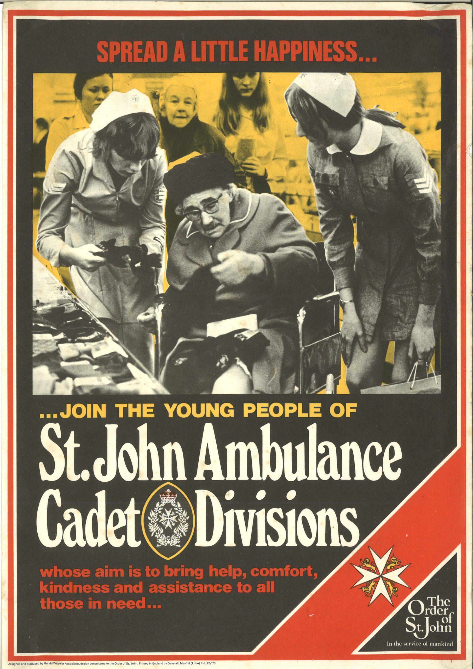 Colour photograph of a poster advertising the Cadets. Features a black and white photograph of two female Cadets assisting an elderly lady in a wheelchair with her shopping.