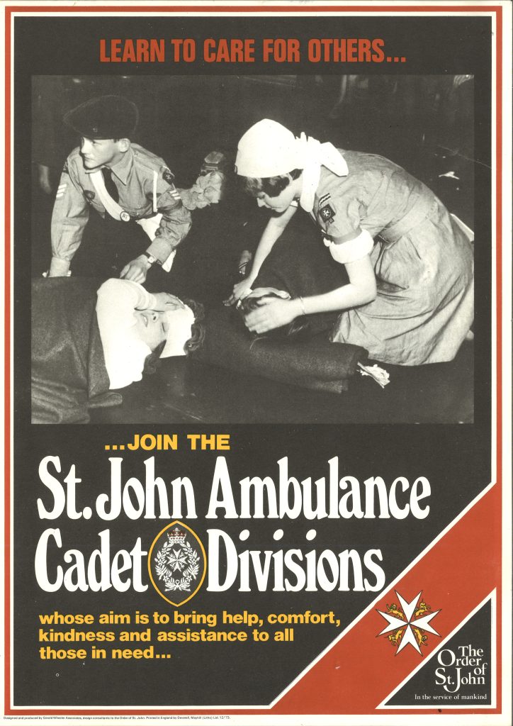 Colour photograph of a poster advertising the Cadets. Features a black and white photograph of a male and female Cadet, both in uniform, attending to casualties on stretchers.