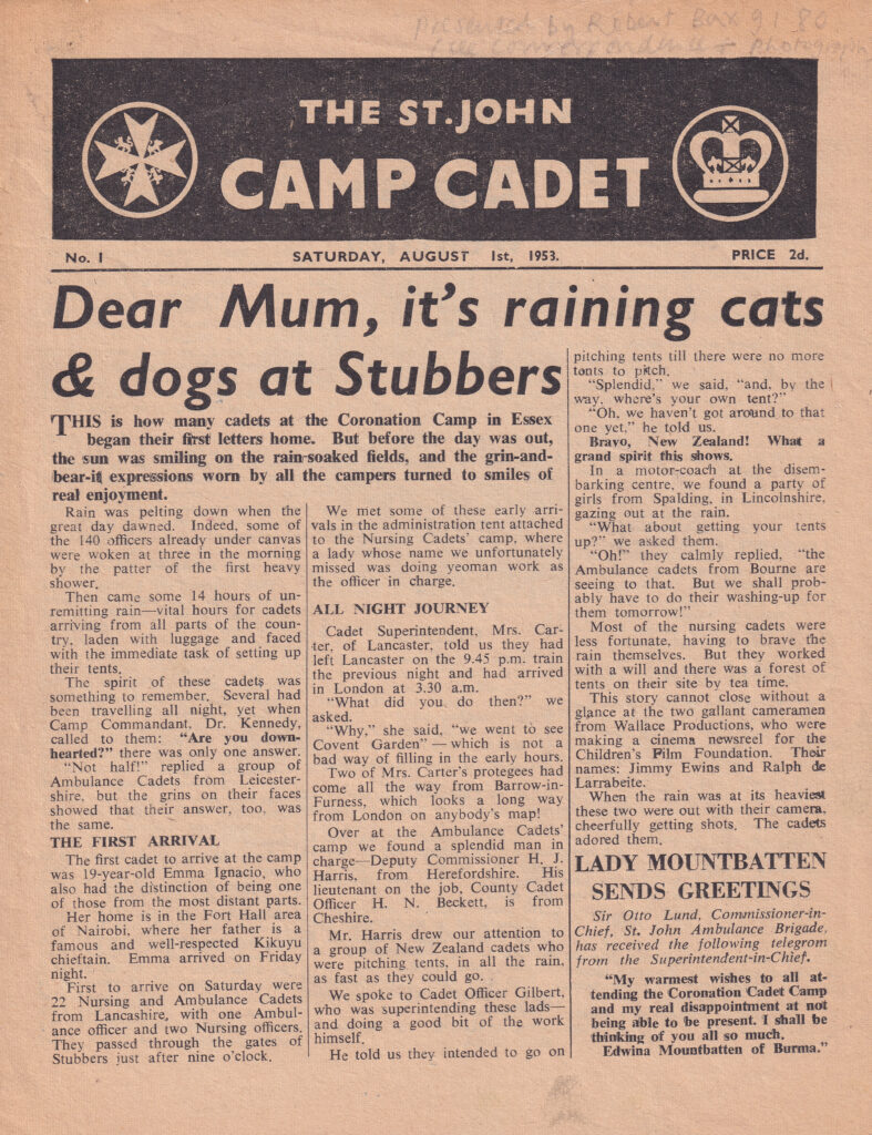 Colour image of the front cover of a newspaper called 'The St John Cadet Camp'. Printed on pale pink paper. The main article is titled 'Dear mum, it's raining cats and dogs at Stubbers'